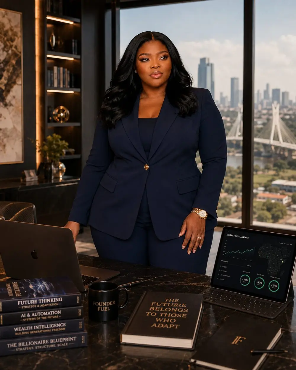 Pamela, founder of NoCodeBoss Africa, in her Lagos office overlooking the city