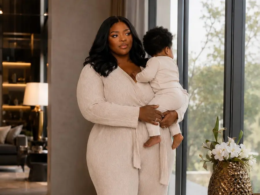Pamela at home with her baby