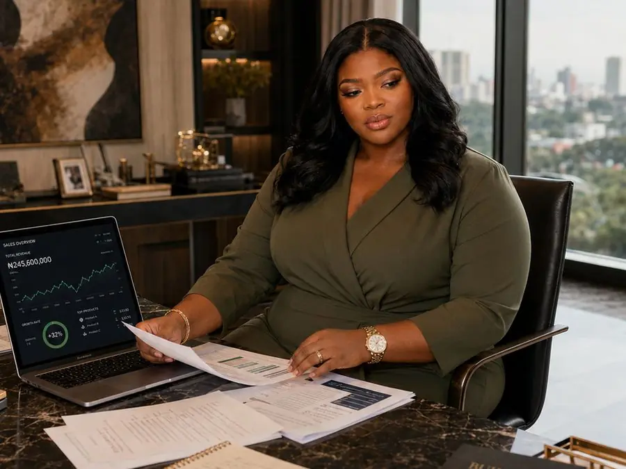 Pamela reviewing her sales dashboard showing over ₦245 million total revenue