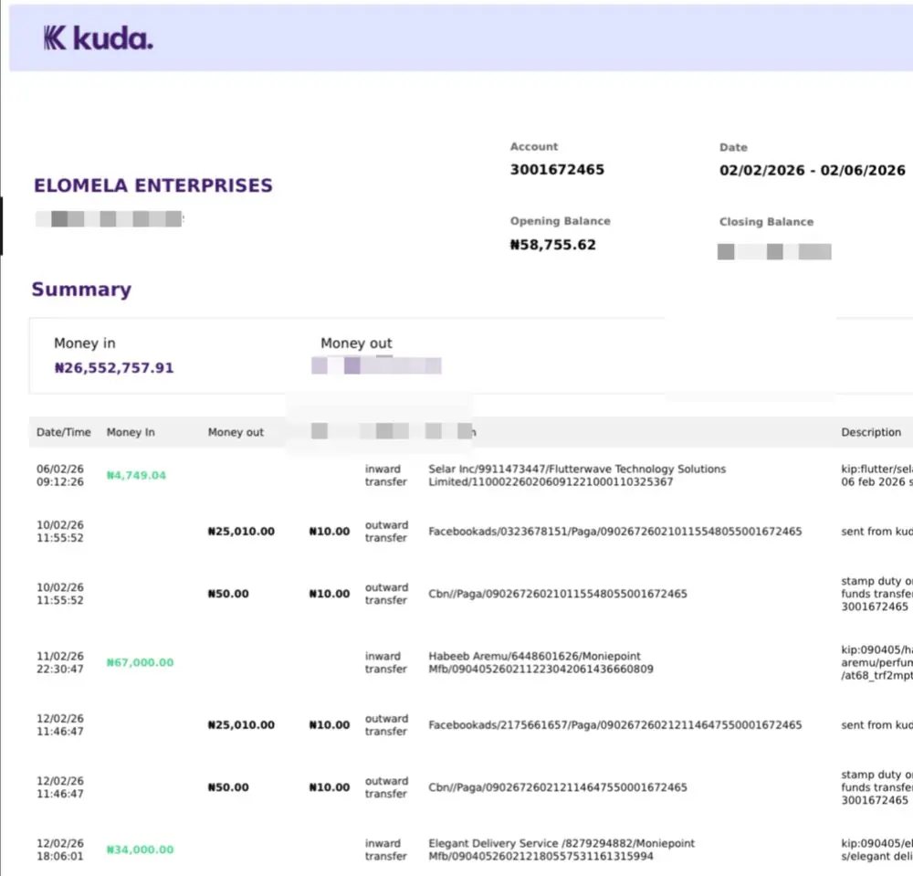 Real Kuda business bank statement — Elomela Enterprises, ₦26,552,757.91 money in, February to June 2026