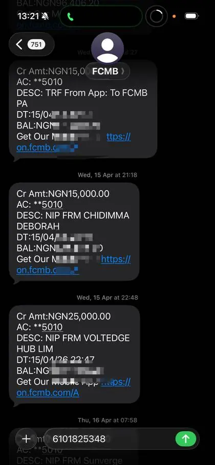 Real FCMB credit alerts — ₦15,000 and ₦25,000 payments
