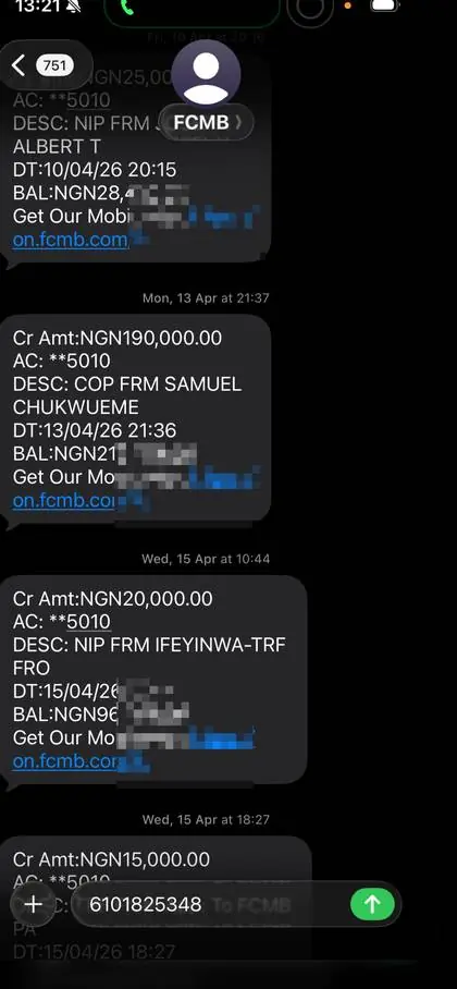 Real FCMB credit alerts — ₦190,000 and ₦20,000 payments