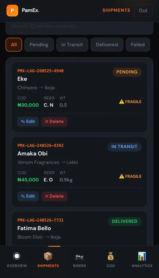 PamEx — custom logistics app built by Pamela showing live shipments, COD amounts and rider assignments