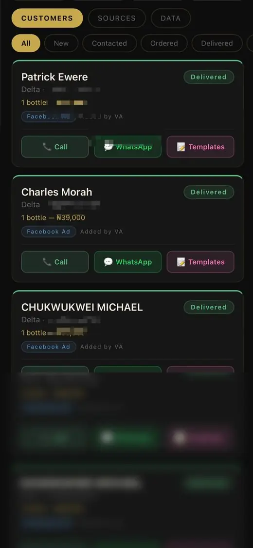 Venom Hub CRM built by Pamela — customer cards with delivery status, call, WhatsApp and template actions