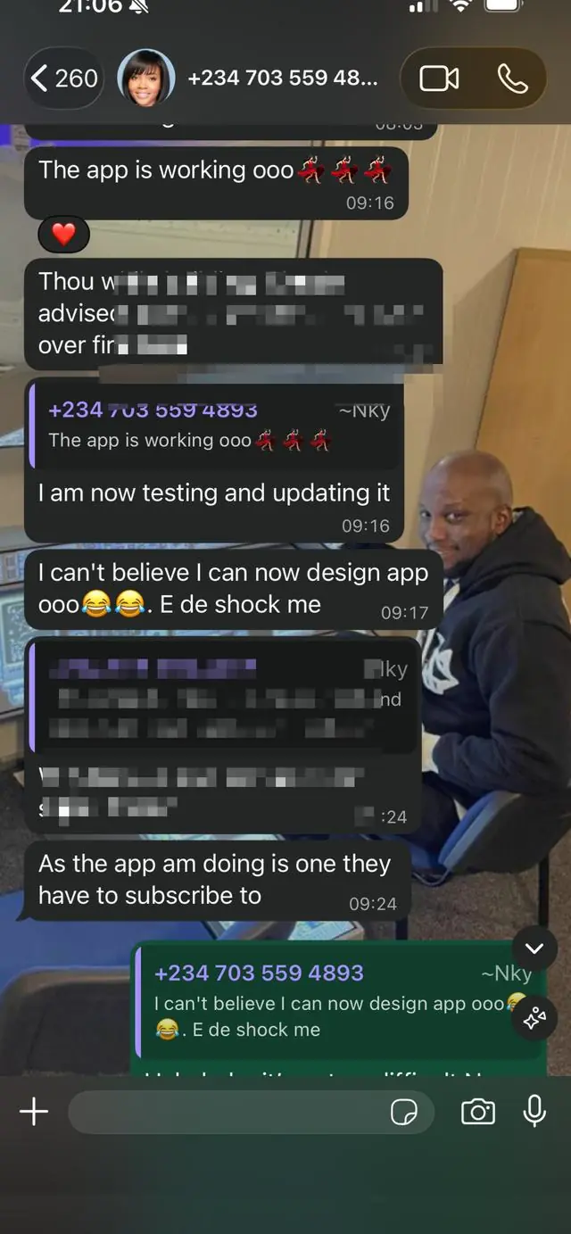WhatsApp chat — student celebrating: The app is working ooo! I can't believe I can now design app. E de shock me