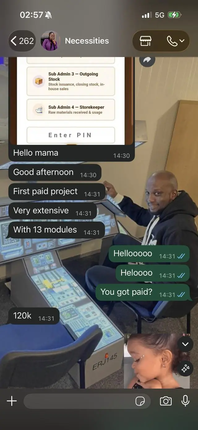 WhatsApp chat — student lands first paid project: very extensive app with 13 modules, paid ₦120,000