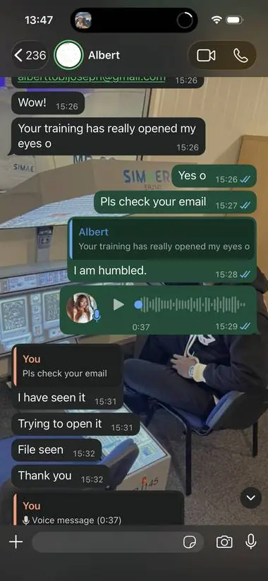 WhatsApp chat with Albert — Your training has really opened my eyes. I am humbled.