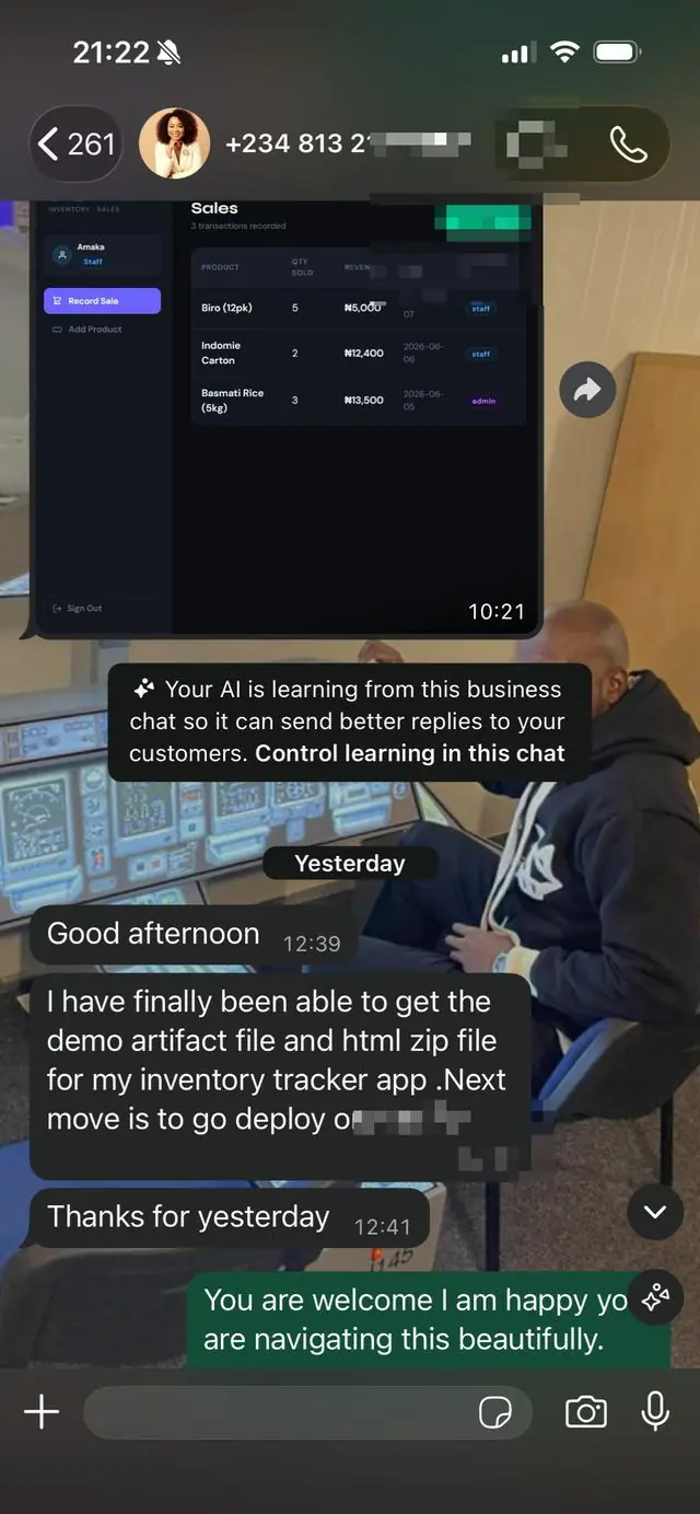 WhatsApp chat — student shows the inventory tracker app they built and is ready to deploy it