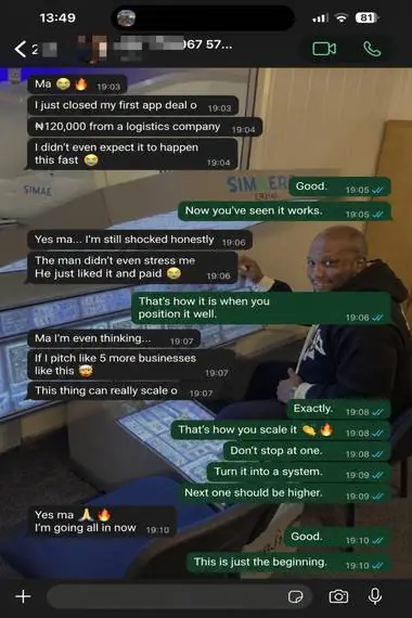 WhatsApp chat — student closed their first ₦120,000 app deal from a logistics company