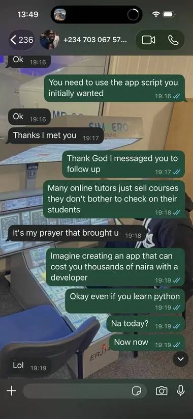 WhatsApp chat — student building a subscription app with Pamela's guidance