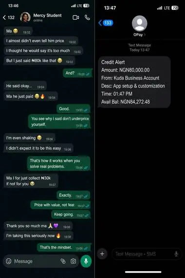 WhatsApp chat with Mercy — ₦80,000 deal for app setup and customization, Kuda credit alert shown